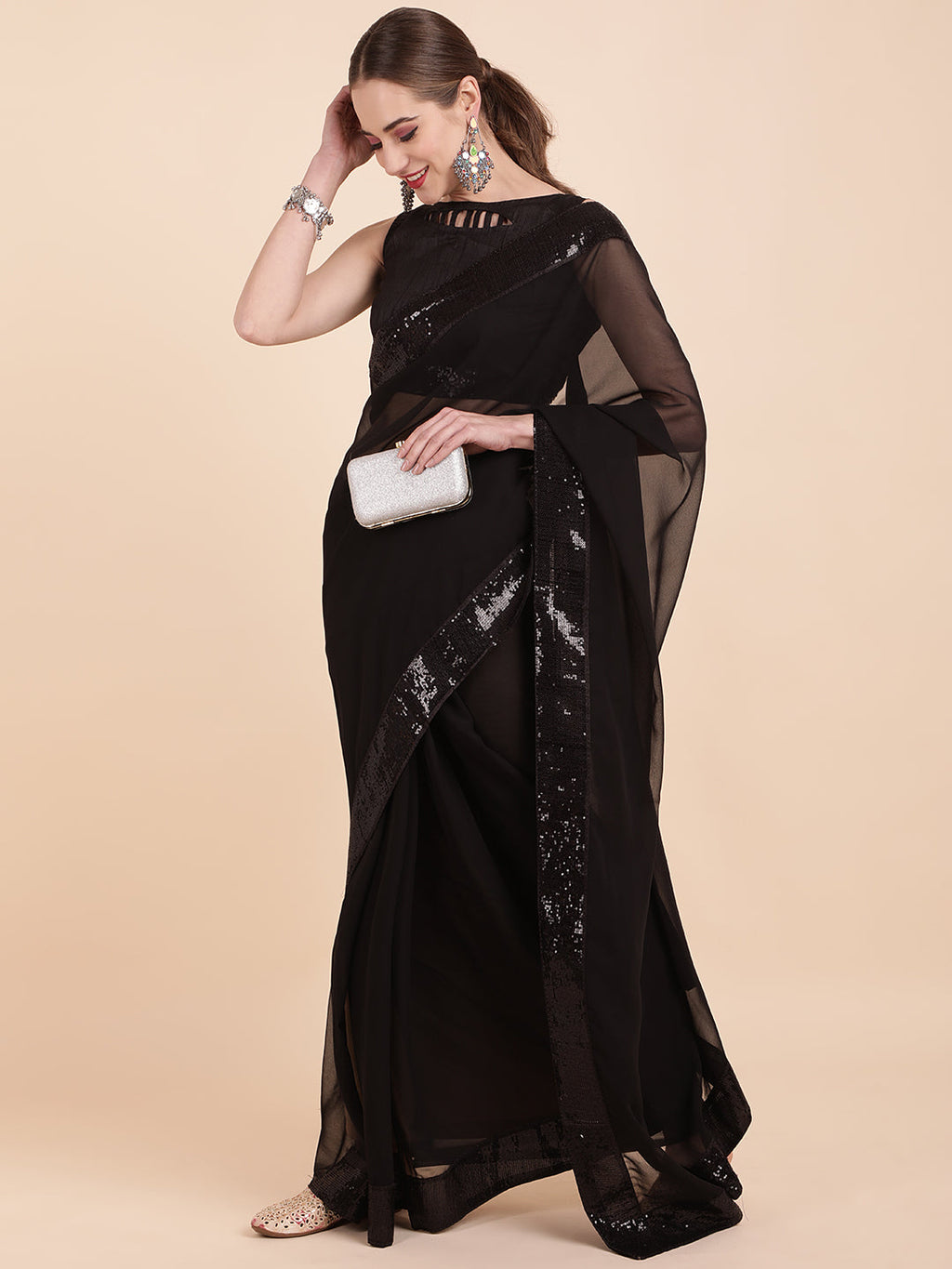 Sangria Black Sequinned Pure Georgette Saree | Grocsy
