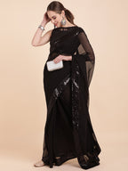 Sangria Black Sequinned Pure Georgette Saree | Grocsy