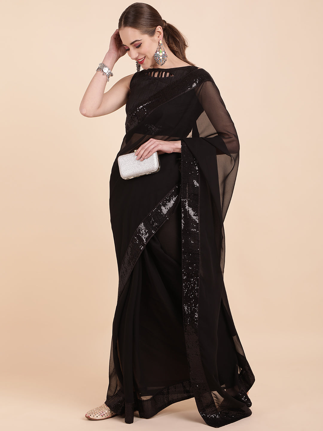 Sangria Black Sequinned Pure Georgette Saree | Grocsy