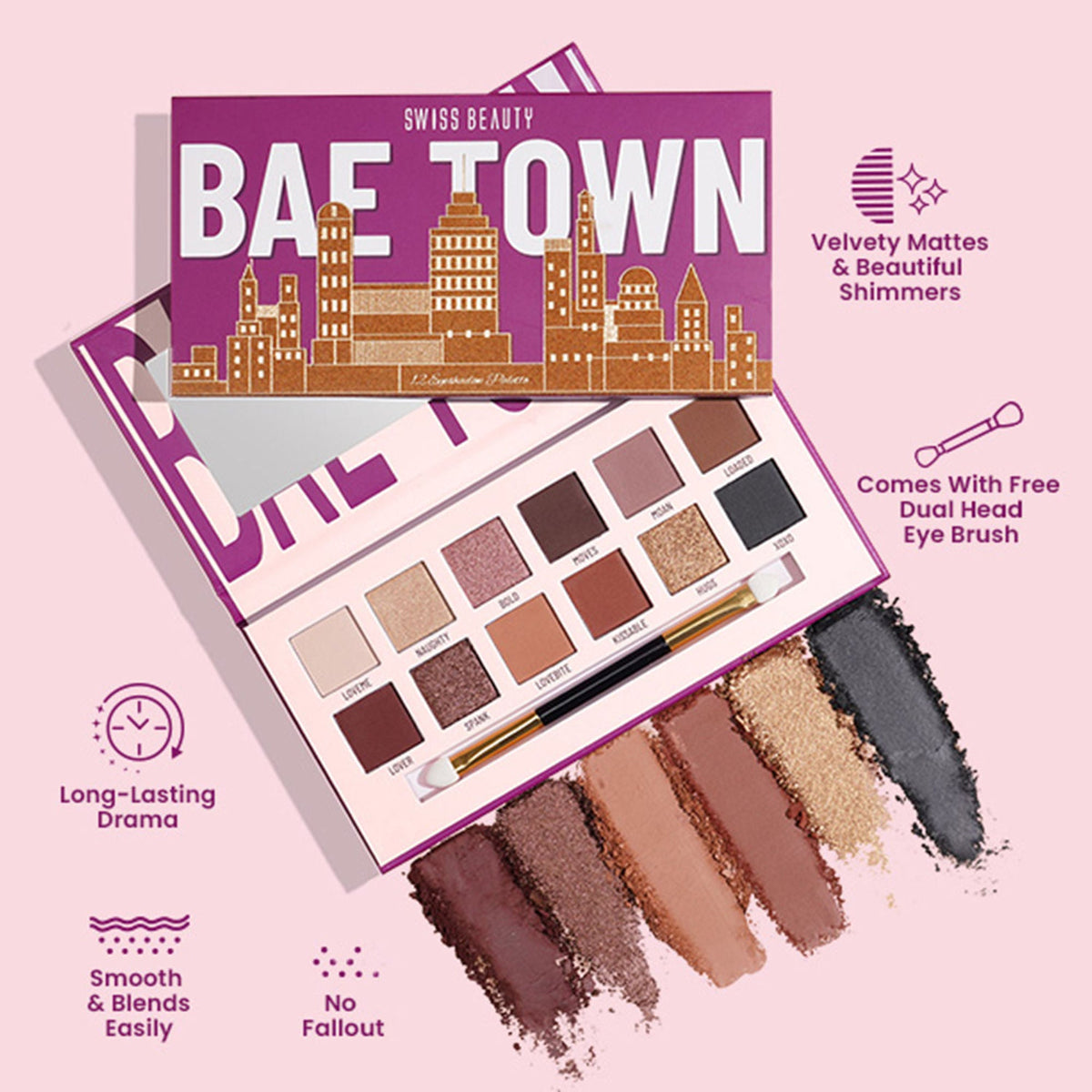 Swiss Beauty Bae Town 12-In-1 Comes Eyeshadow Palette With Eye Brush - 01 Lover Girl | Grocsy