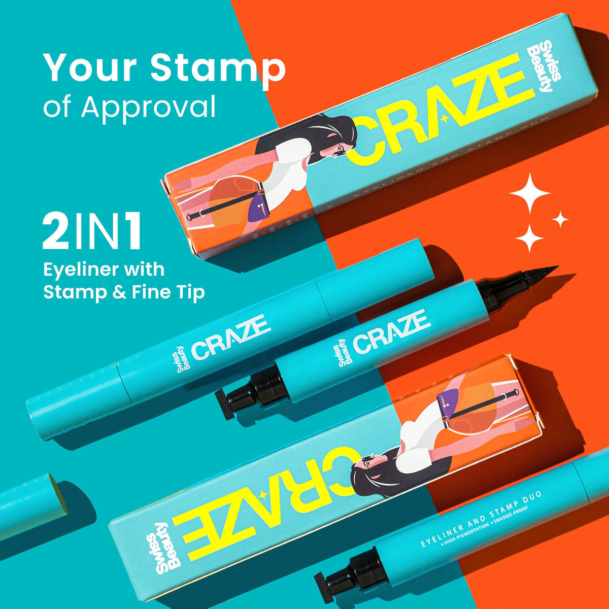 Swiss Beauty CRAZE Eyeliner and Stamp Duo Wing Eyeliner Stamp and Pen Waterproof Formula - Black | Grocsy