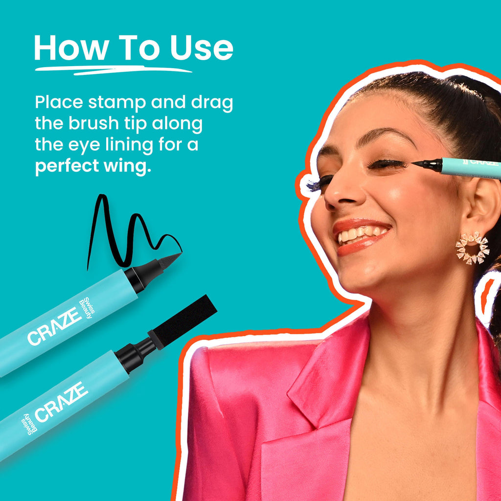 Swiss Beauty CRAZE Eyeliner and Stamp Duo Wing Eyeliner Stamp and Pen Waterproof Formula - Black | Grocsy