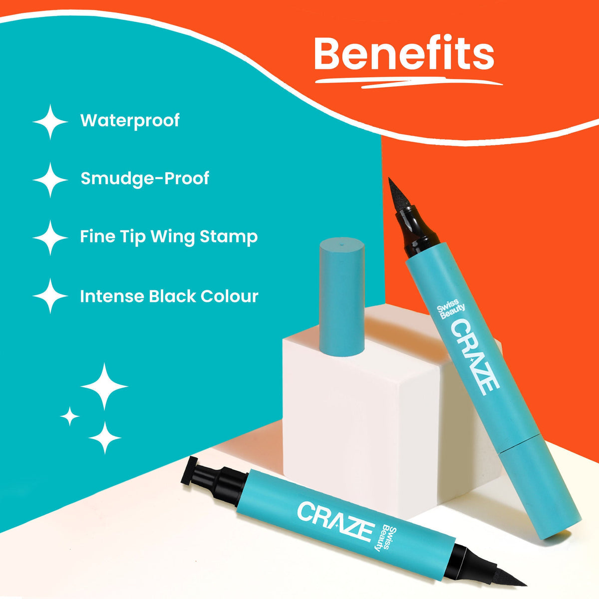 Swiss Beauty CRAZE Eyeliner and Stamp Duo Wing Eyeliner Stamp and Pen Waterproof Formula - Black | Grocsy