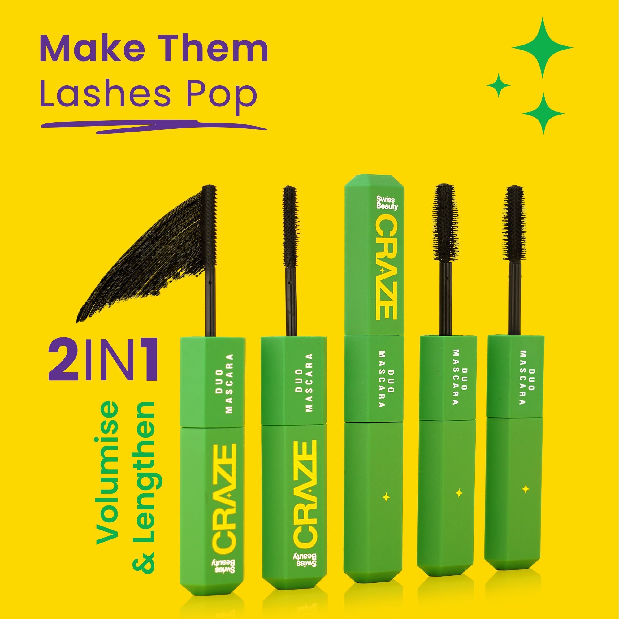 Swiss Beauty CRAZE Duo Mascara Volumizes and Lengthens Lashes With Non- Flaking Finish - Black | Grocsy
