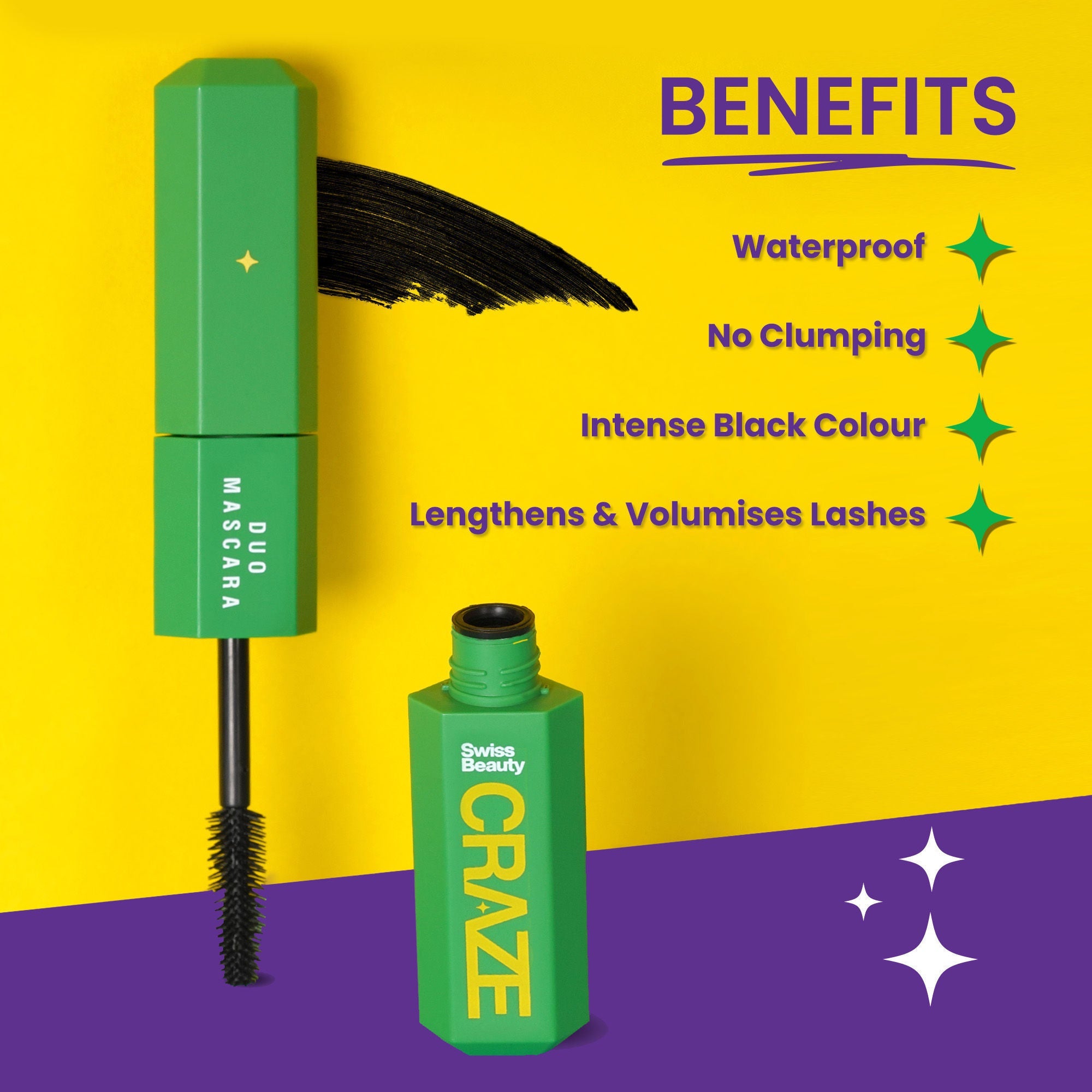 Swiss Beauty CRAZE Duo Mascara Volumizes and Lengthens Lashes With Non- Flaking Finish - Black | Grocsy