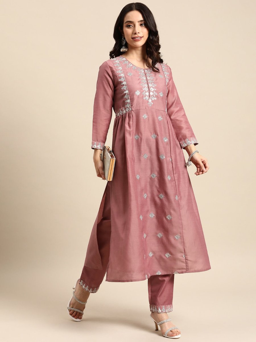All About You Ethnic Motifs Embroidered Pleated Sequinned Kurta with Trousers | Grocsy