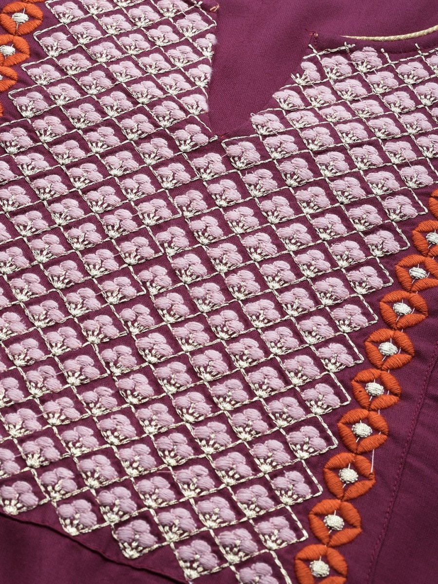 All About You Women Purple Ethnic Motifs Yoke Design Regular Thread Work Kurta with Trousers | Grocsy
