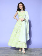Ahalyaa Pure Cotton Green & White Printed Khari Print Ready to Wear Lehenga & Blouse With Dupatta | Grocsy