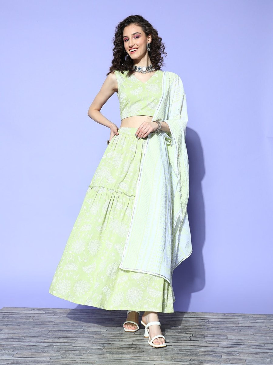 Ahalyaa Pure Cotton Green & White Printed Khari Print Ready to Wear Lehenga & Blouse With Dupatta | Grocsy