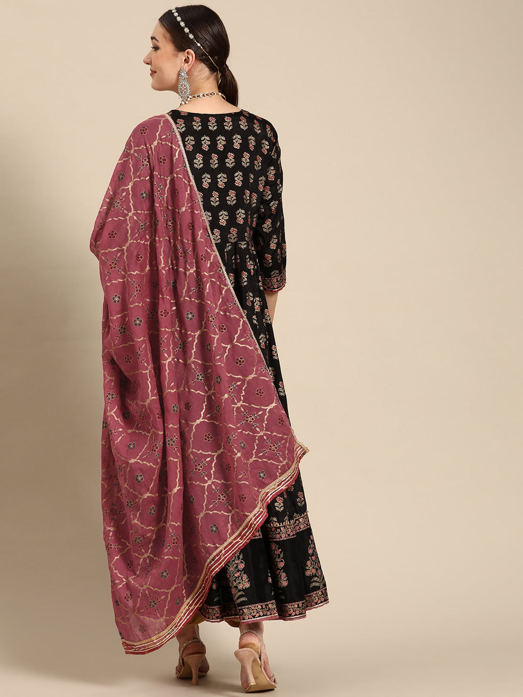 Sangria Women Black & Burgundy Ethnic Motifs Printed Mirror Work Anarkali Kurta | Grocsy