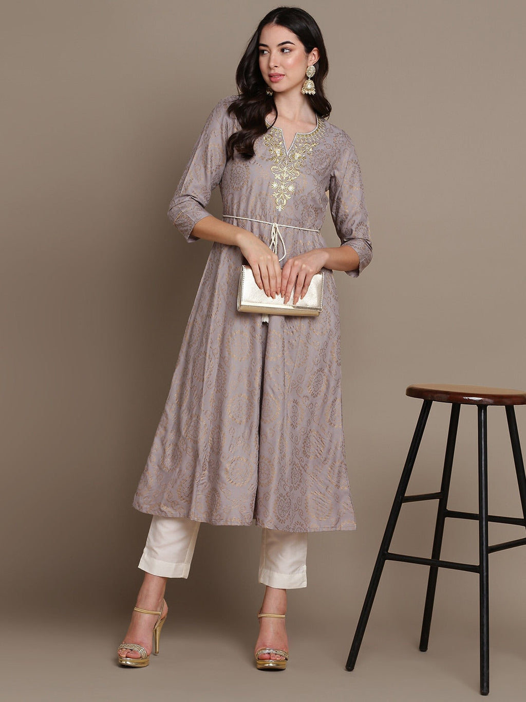 HERE&NOW Embroidered Bandhani Printed Notched Neck Thread Work Anarkali Kurta | Grocsy