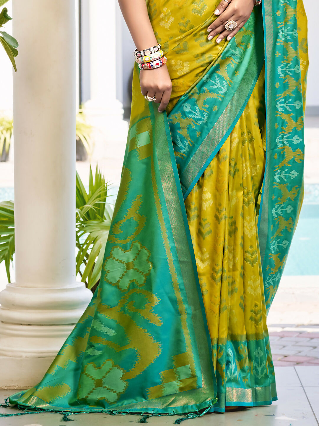 Shree Shyam Fashion Pochampalli Silk Mustrad Yellow Saree | Grocsy