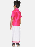 Sethukrishna Boys Pink & White Solid Shirt and Veshti Set | Grocsy