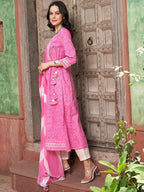 Sangria Pink Bandhani Printed Angrakha Mirror Work Pure Cotton Kurta Set | Grocsy