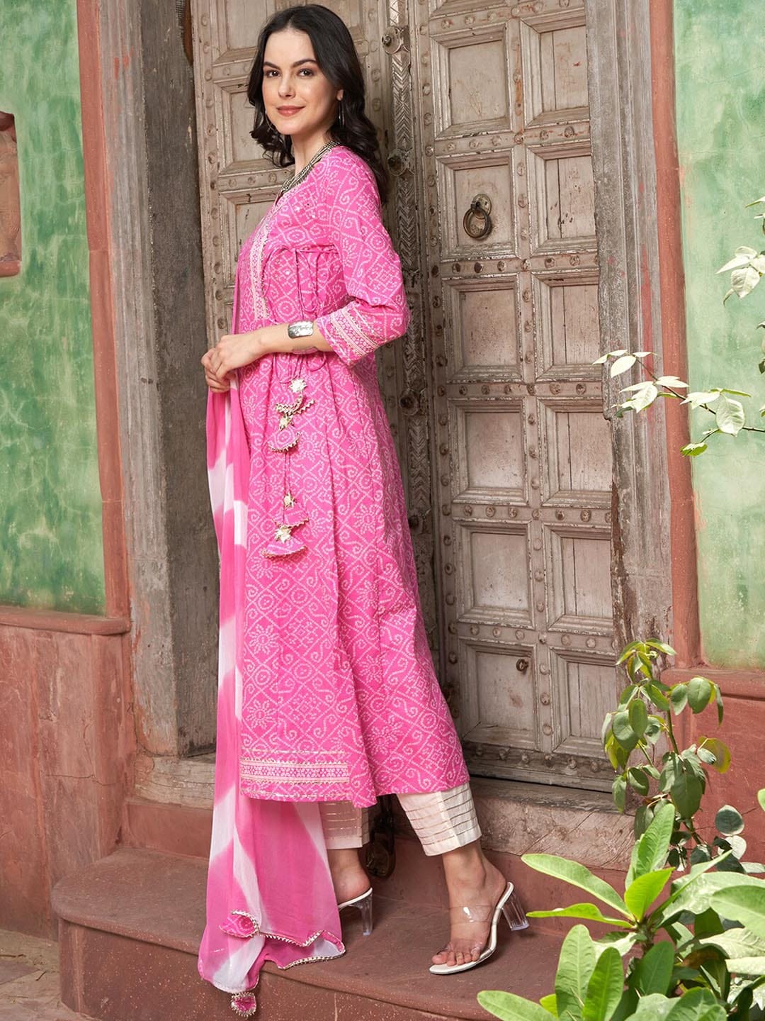 Sangria Pink Bandhani Printed Angrakha Mirror Work Pure Cotton Kurta Set | Grocsy