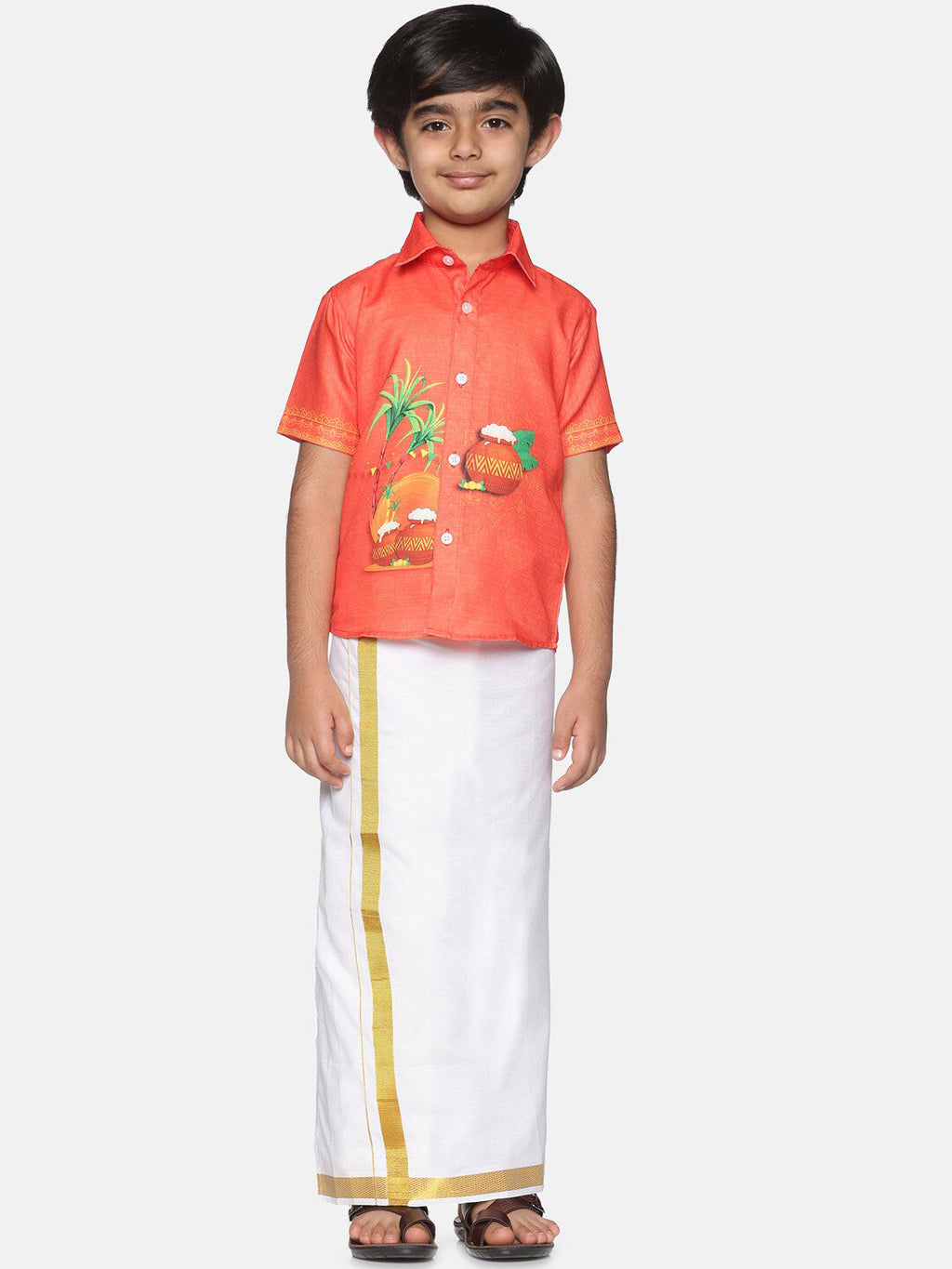 Sethukrishna Boys Orange & White Printed Shirt | Grocsy
