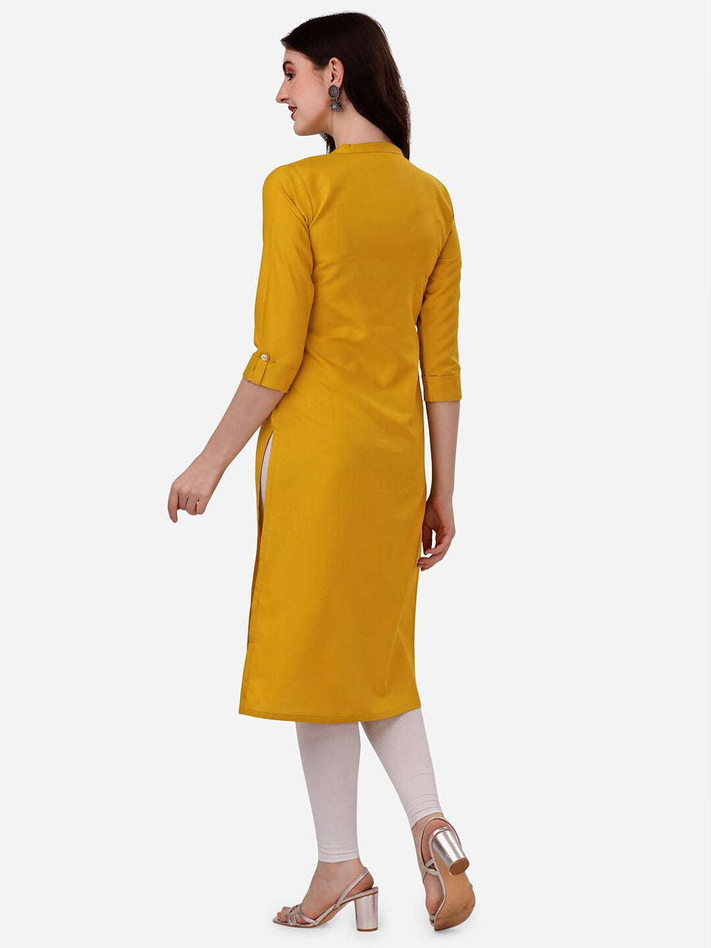 HERE&NOW Yoke Design Mandarin Collar Thread Work Cotton Kurta | Grocsy