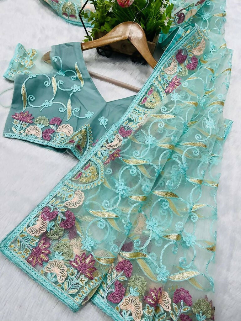 Vastranavya Soft Crush Georgette With Embroidery and Foil Multi Thread Work Saree - Turquoise | Grocsy