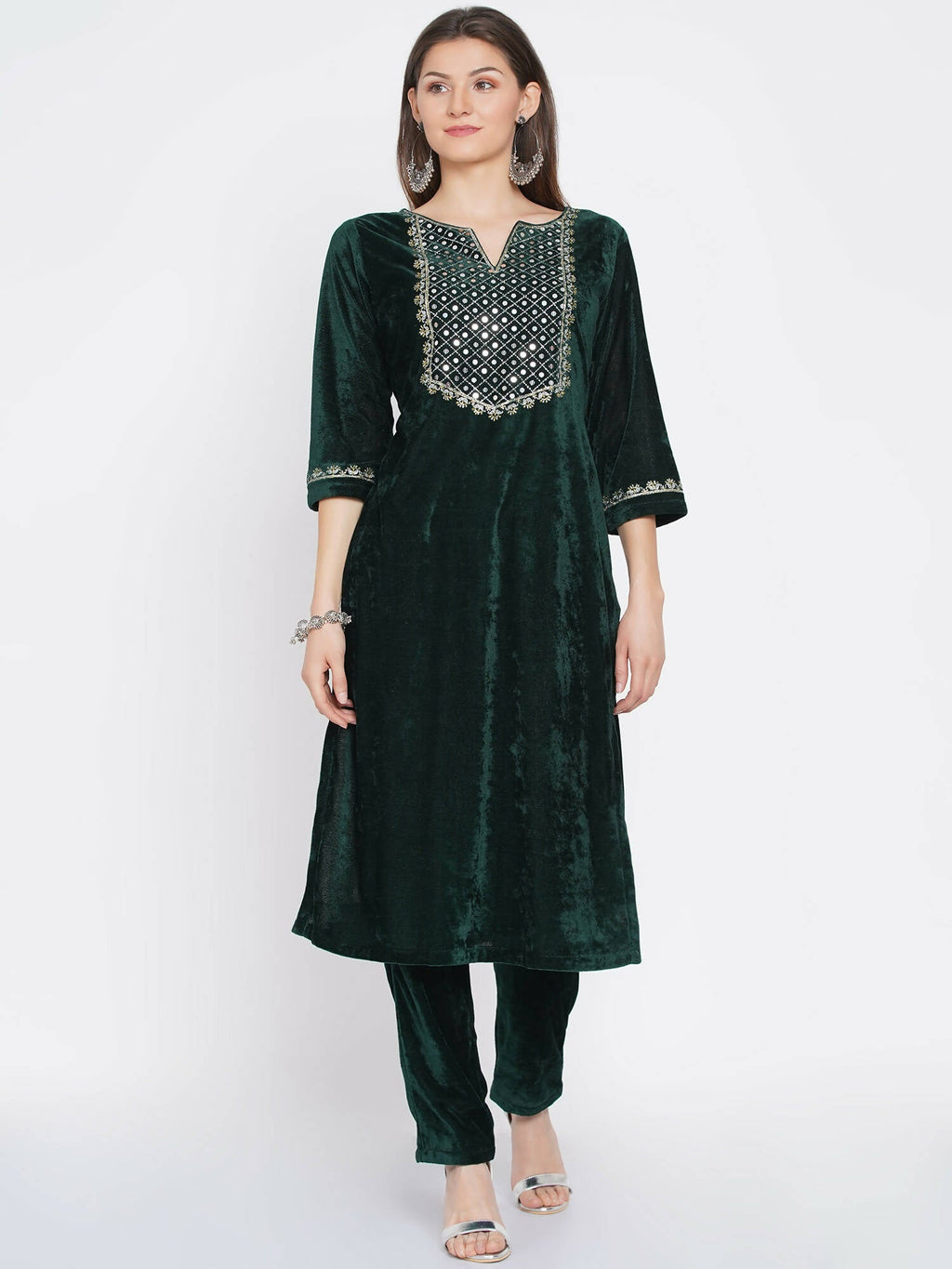Women Republic Green Velvet Embroidered Kurta With Pant | Grocsy