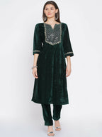 Women Republic Green Velvet Embroidered Kurta With Pant | Grocsy