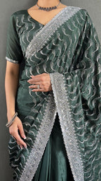 Vastranavya Sea Green Chinnon Silk Embroidery Multi Sequence & Arco Cut Work Ready to Wear Saree | Grocsy