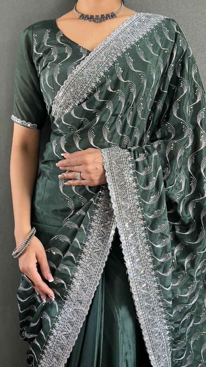 Vastranavya Sea Green Chinnon Silk Embroidery Multi Sequence & Arco Cut Work Ready to Wear Saree | Grocsy