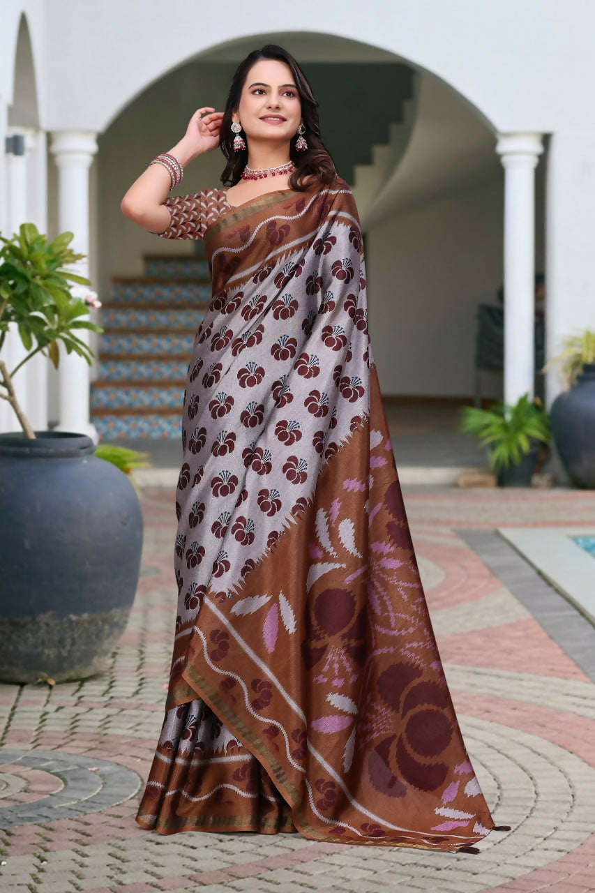 Prime Volt Women's Brown Printed Mal Cotton Saree with Designer Blouse Piece | Grocsy