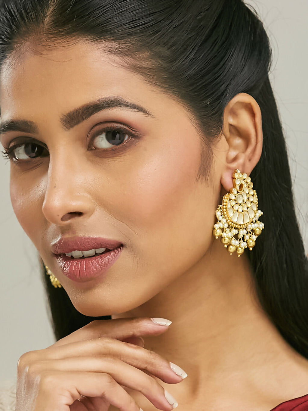 Nuyug 22K Gold-Plated Kundan Stone Studded & Pearl Drop Beaded Crescent Shaped Chandbalis | Grocsy