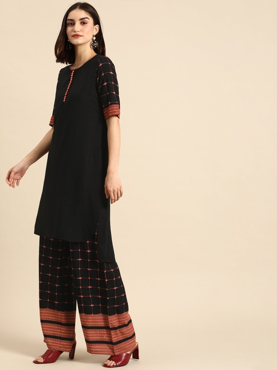 All About You Women Black & Pink Regular Round Neck Kurta with Palazzos | Grocsy