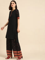 All About You Women Black & Pink Regular Round Neck Kurta with Palazzos | Grocsy