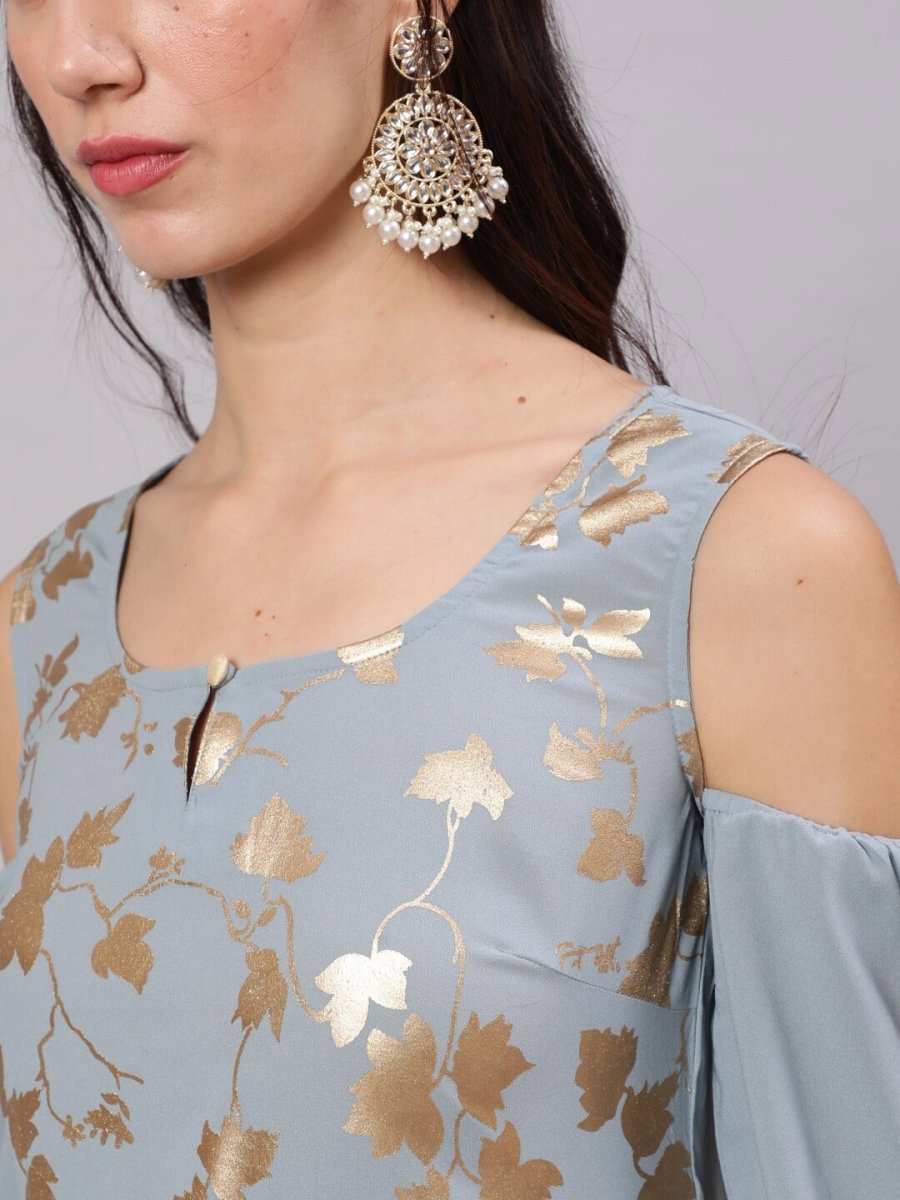 Aks Floral Printed Cold Shoulder Sleeves Pure Georgette Anarkali Kurta | Grocsy