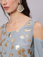 Aks Floral Printed Cold Shoulder Sleeves Pure Georgette Anarkali Kurta | Grocsy