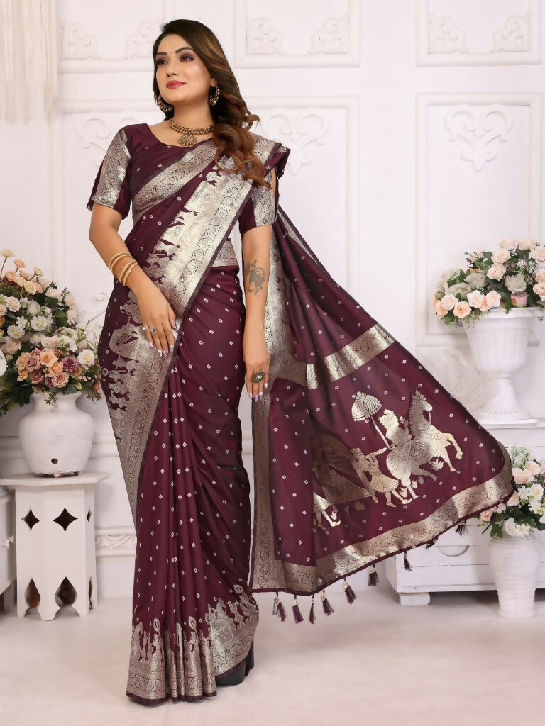 Anaita Dark Brown kochi Silk With Bandhej Weaving Saree With Blouse | Grocsy