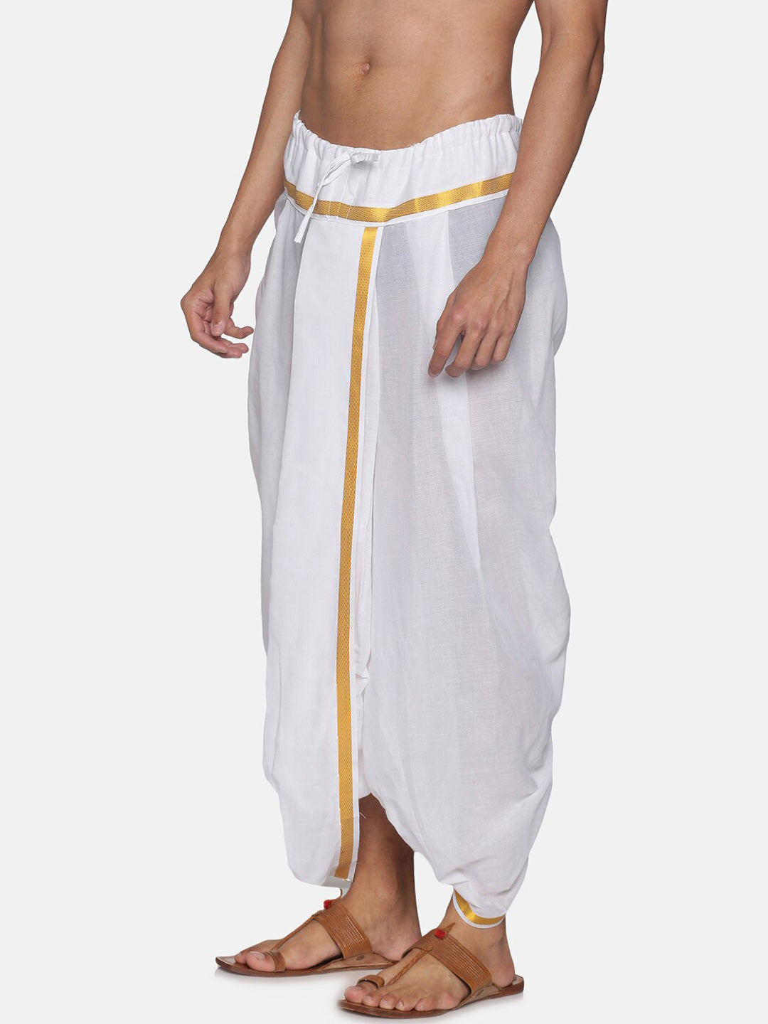 Sethukrishna Men White & Gold-Coloured Solid Readymade Cotton Dhoti Pant | Grocsy