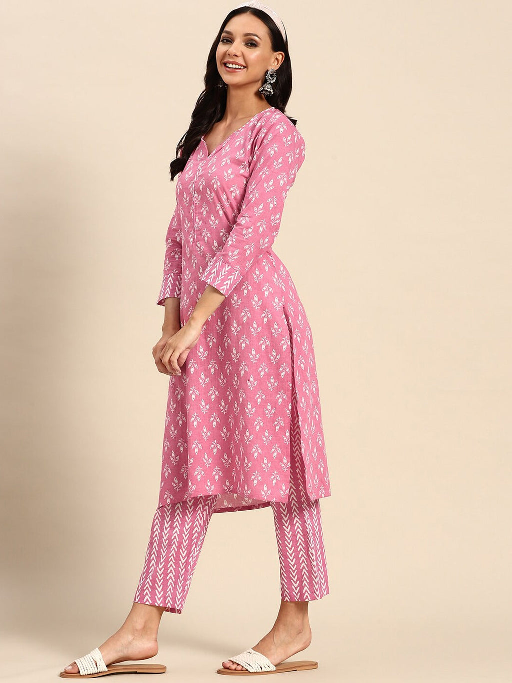 Sangria Pink Ethnic Motifs Printed V-Neck Pure Cotton Straight Kurta With Trouser | Grocsy