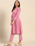 Sangria Pink Ethnic Motifs Printed V-Neck Pure Cotton Straight Kurta With Trouser | Grocsy