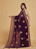Sangria Coffee Brown Ethnic Motifs Embroidered Zari Pure Georgette Saree | Grocsy