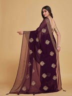 Sangria Coffee Brown Ethnic Motifs Embroidered Zari Pure Georgette Saree | Grocsy