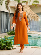 The52 Rust Women's Gorgeous Embroidered work Rayon Fabric Straight Kurta, Pant and Dupatta Set | Grocsy
