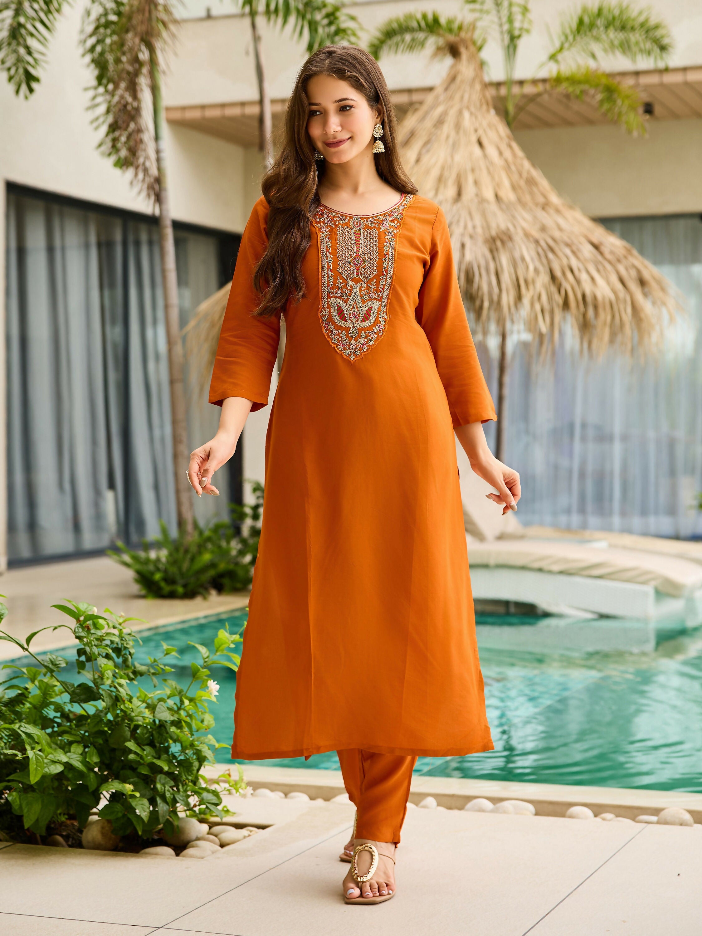 The52 Rust Women's Gorgeous Embroidered work Rayon Fabric Straight Kurta, Pant and Dupatta Set | Grocsy