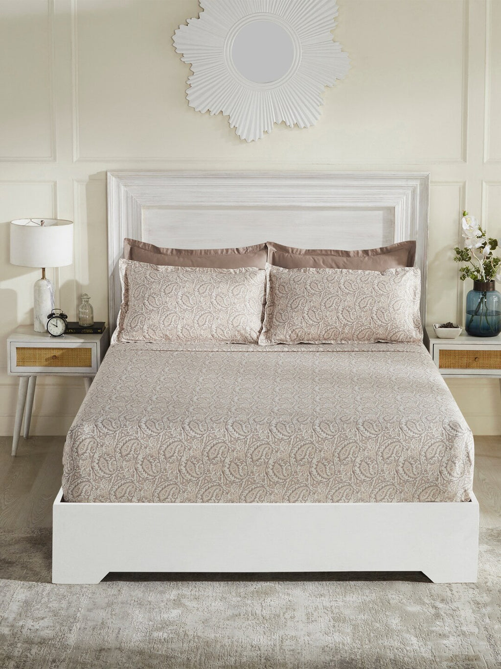 MYTRIDENTBeige White Ethnic Motifs 100% Cotton 400 TC King Bedsheet with 4 Pillow Covers | Grocsy