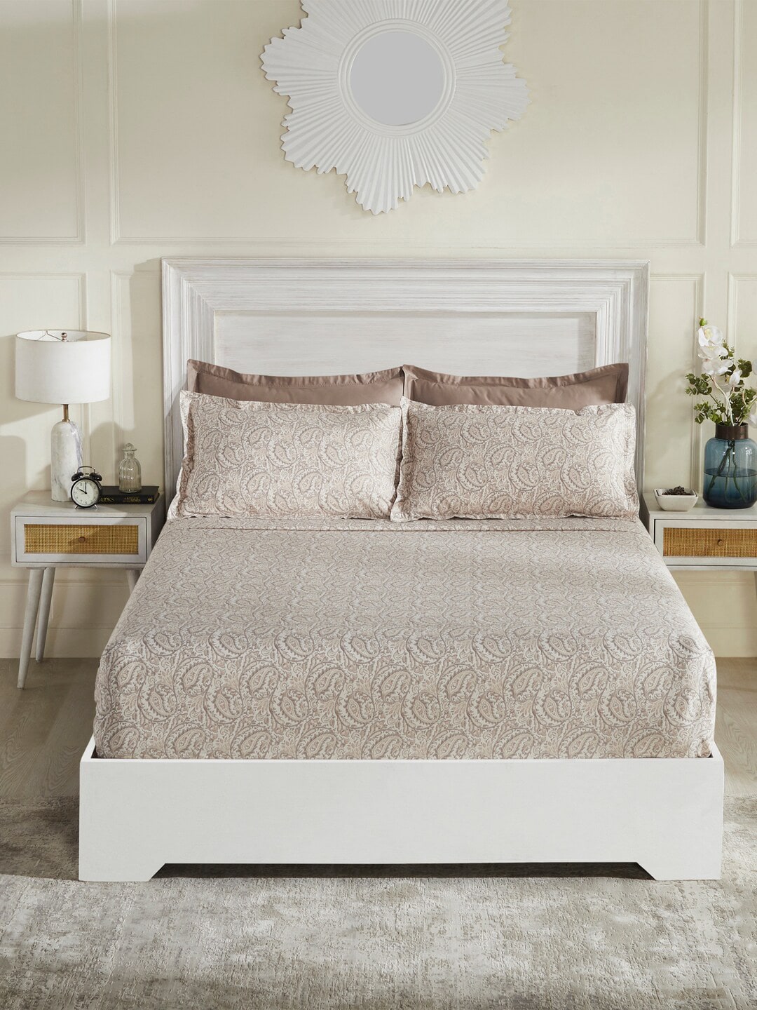MYTRIDENTBeige White Ethnic Motifs 100% Cotton 400 TC King Bedsheet with 4 Pillow Covers | Grocsy