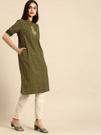 All About You Women Green & Yellow Floral Embroidered Thread Work Pure Cotton Kurta | Grocsy