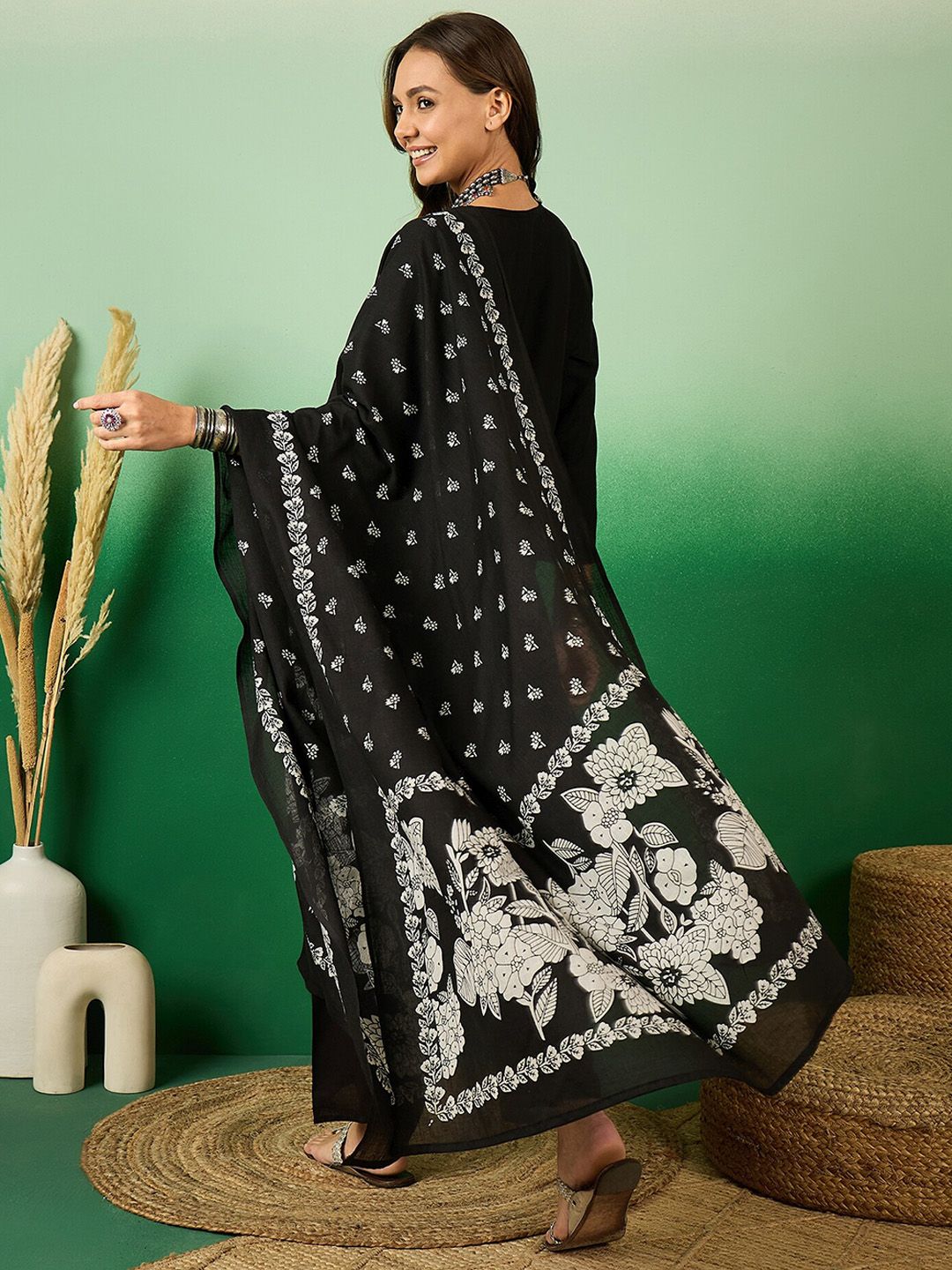 Sangria Floral Printed A-Line Kurta With Trouser & Dupatta | Grocsy