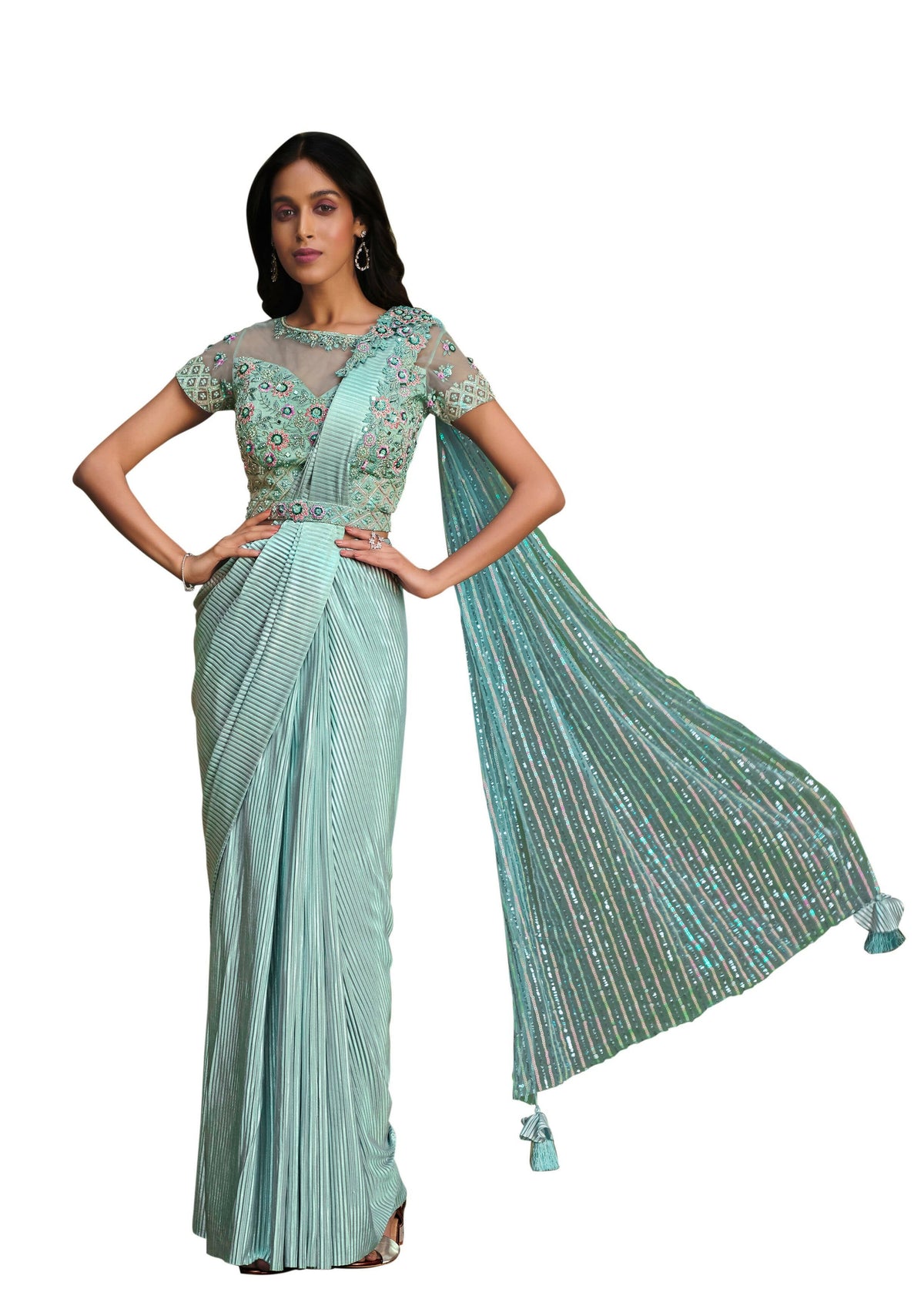 Sky Blue Fancy Crystal Crepe Sequence Embroidered Saree With Stitched Blouse - Mohmanthan La Belle | Grocsy