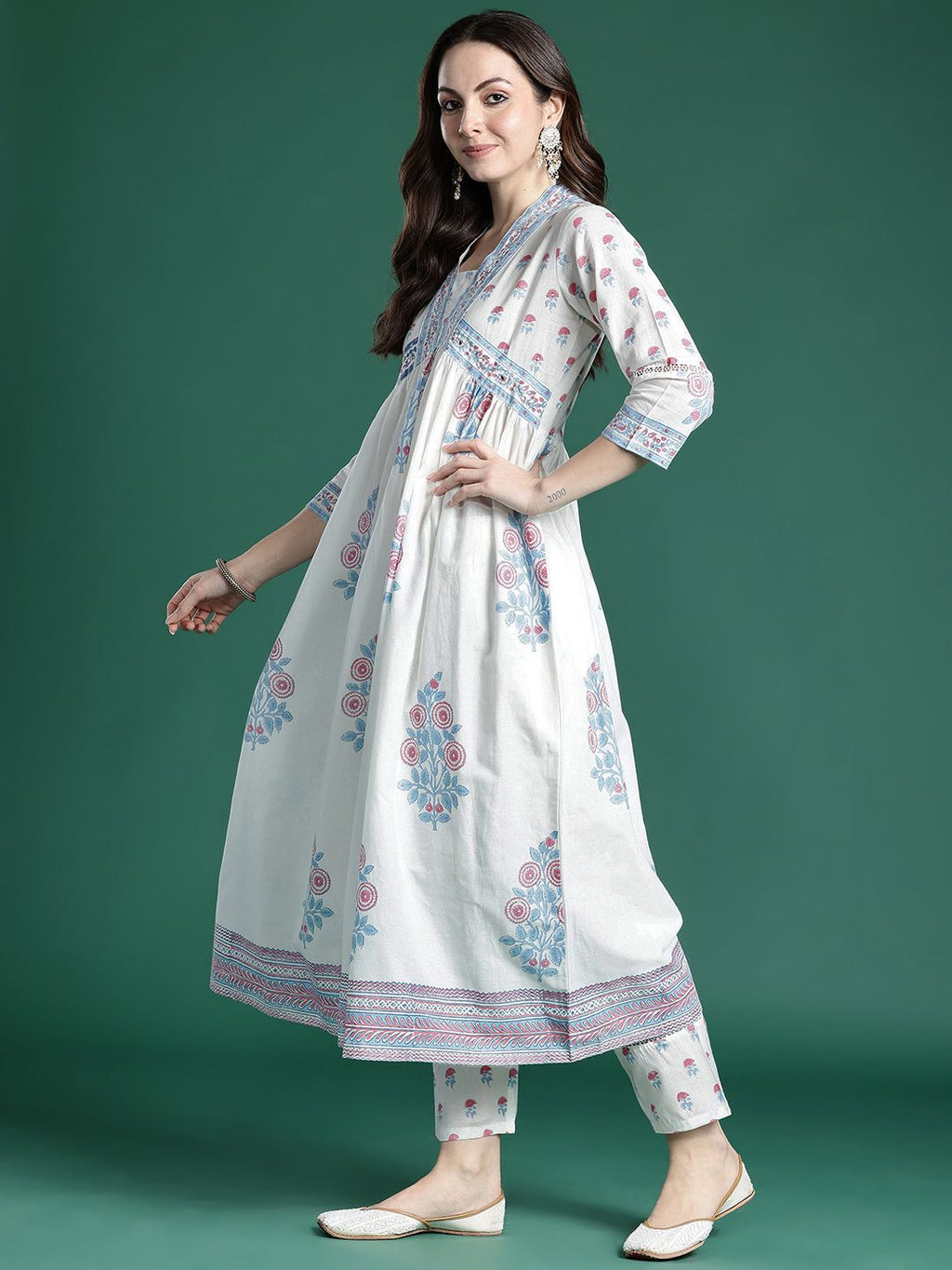 Indo Era Floral Printed Pure Cotton Kurta with Trousers & Dupatta | Grocsy