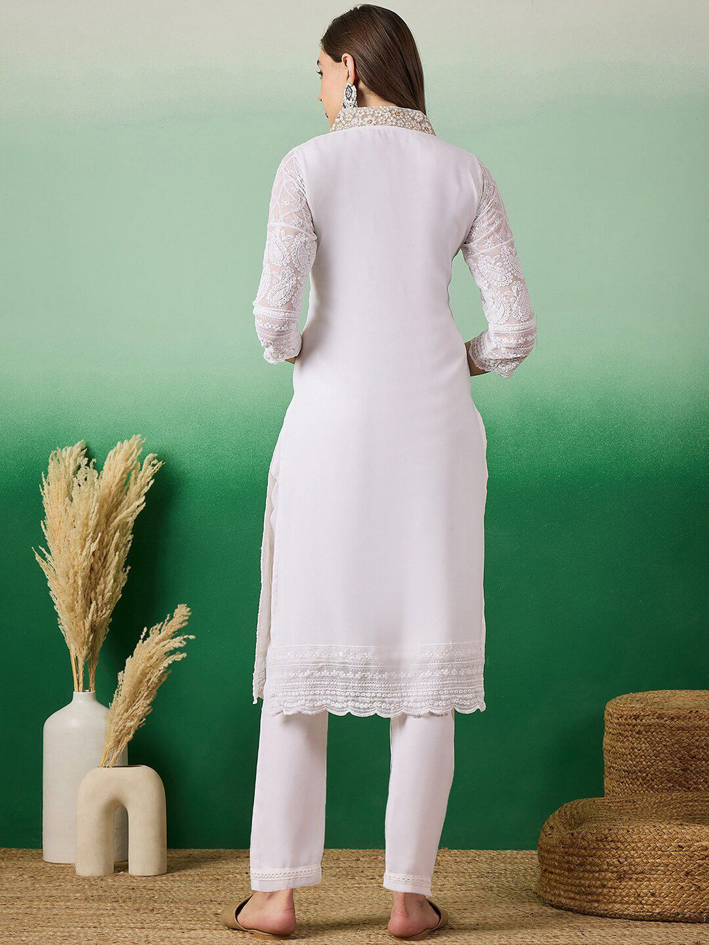 Sangria Women Embroidered Straight Kurta With Trouser Set | Grocsy