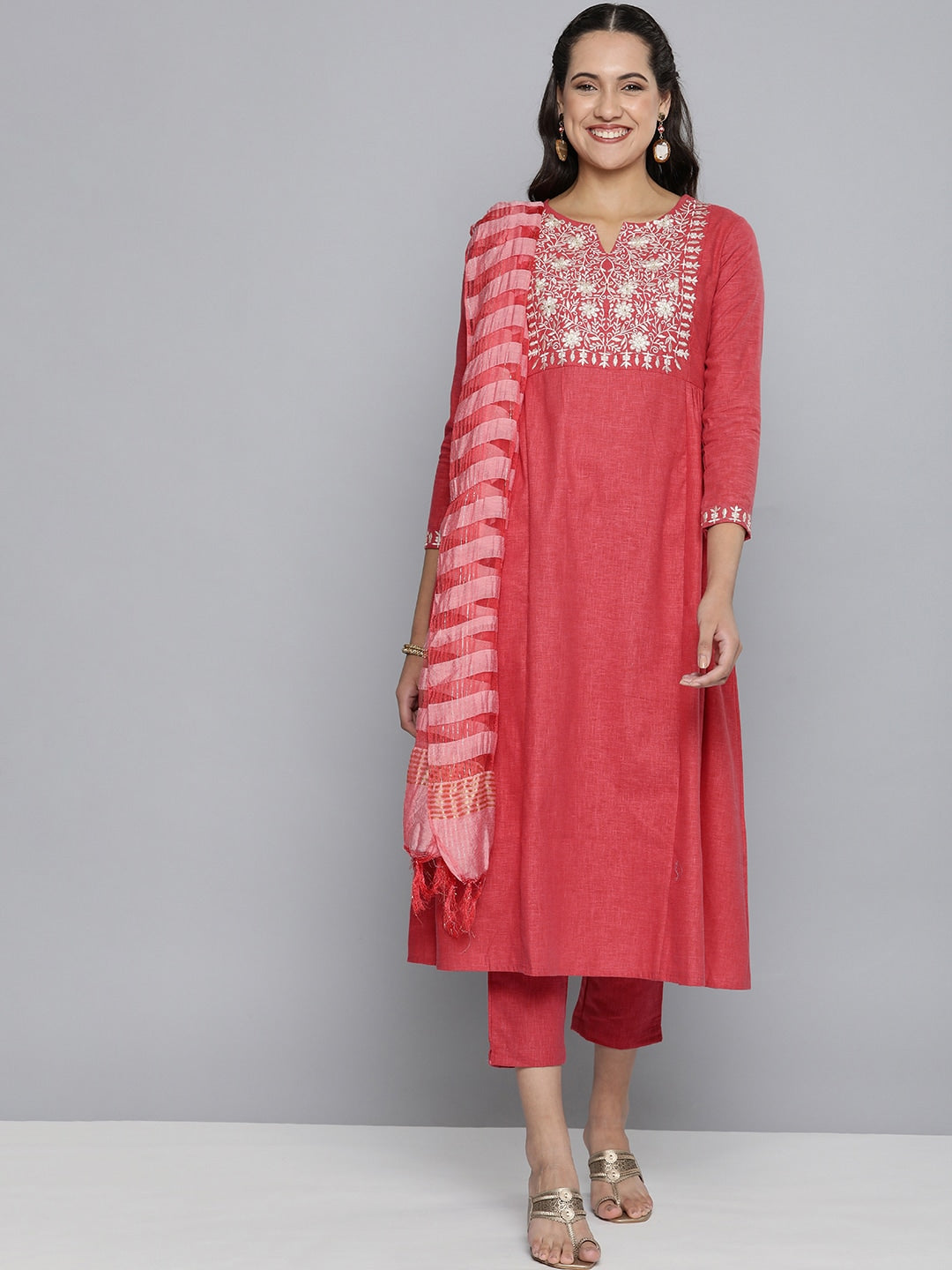 HERE&NOW Women Yoke Design Pure Cotton Kurta & Trousers with Dupatta | Grocsy