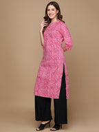 HERE&NOW Pink & White Striped Sequined Straight Cotton Kurta | Grocsy