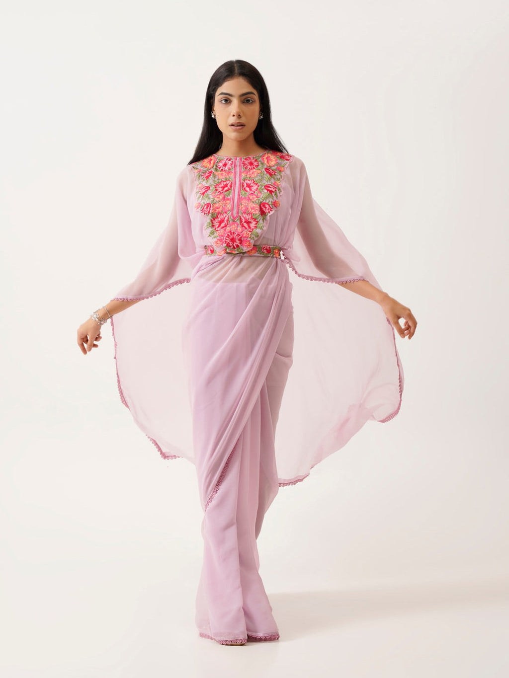 Tikhi Imli Lavender & Pink Floral Embroidered Belted Saree | Grocsy